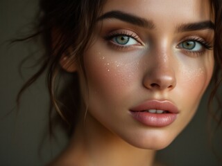 Fototapeta premium A young woman with flawless skin, her complexion glowing with a natural radiance, and delicate facial features that accentuate her unique charm.