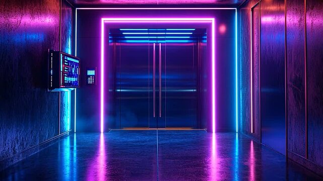 Neon-lit futuristic elevator hallway