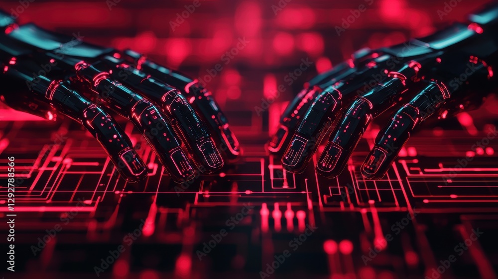 Poster robotic interaction with digital circuitry futuristic laboratory technology imagery high-tech enviro