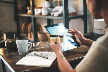 Hands, woman and tablet screen with credit card of online shopping, order supplies and payment. Female person, digital and ecommerce of transaction information, upgrade inventory and pottery expenses