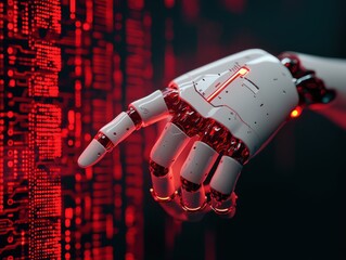 Futuristic robotic hand interacting with data digital space technology art cyber environment close-up ai concept