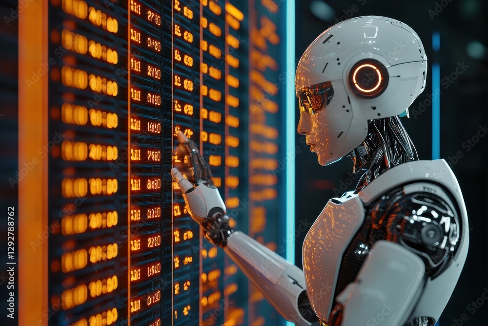 Poster robot engaging with data interface digital workspace technology image futuristic environment close-u