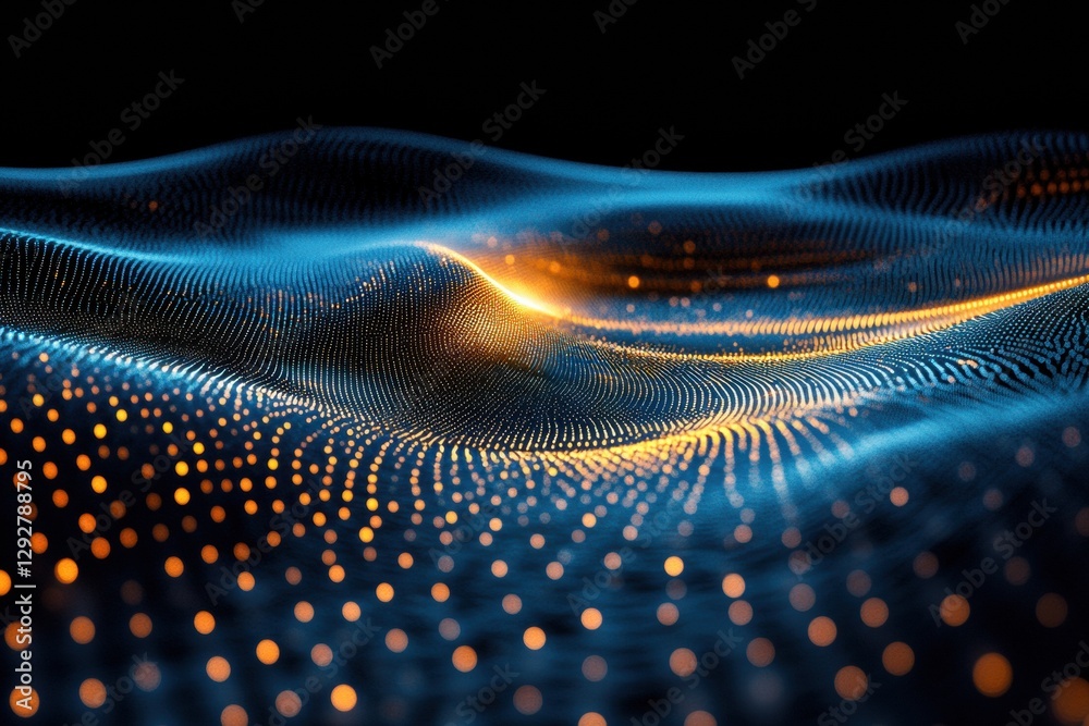 Poster Digital waves with glowing particles create an abstract representation of sound or energy in a dark setting. Generative AI