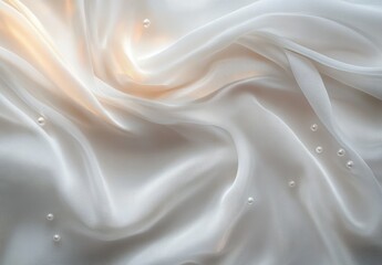 Fototapeta premium Elegant Draped Silk Fabric with Pearls Soft Light, Abstract Texture, White Background, Luxury, Glamour Silk, Pearls