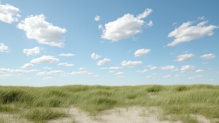 Peaceful grassy dunes beneath a bright blue sky with fluffy clouds, capturing the essence of a serene natural landscape.