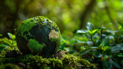 Green moss-covered globe in a lush forest representing nature conservation