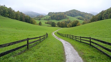 Winding country road through green hills, misty mountains background