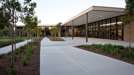 Obraz premium Modern school campus exterior with paved walkways and landscaping. Possible use Stock photo for educational institutions