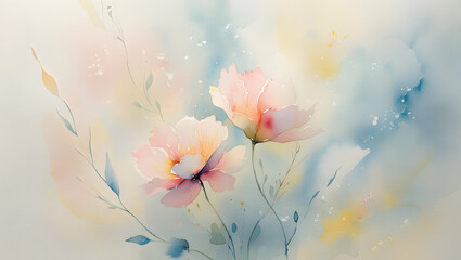 Soft, watercolor flowers in pastel pinks and blues with delicate stems and leaves.  Dreamy, ethereal, and romantic, with a gentle, artistic feel.
