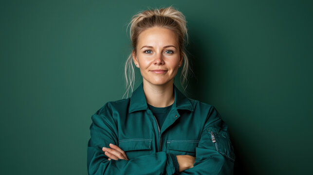 Industrial Engineer with Arms Crossed on Solid Background, Confident woman in green uniform with arms crossed against a green background.