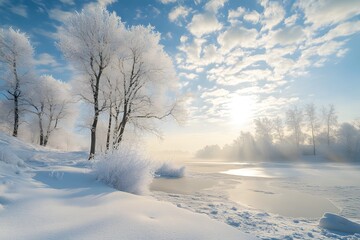 Obraz premium Frozen trees, sunlit river, winter wonderland, snowy landscape