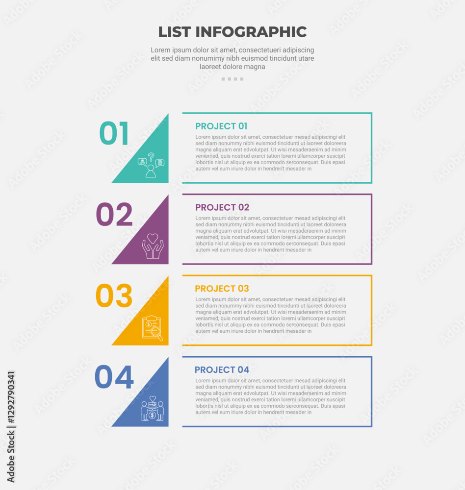 Aufkleber list vertical stacked process infographic outline style with 4 point template with creative triangle