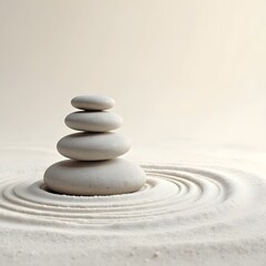 Tranquil arrangement of zen stones on sand with delicate lines, symbolizing purity, harmony, and balance, perfect for spa and wellness themes.
