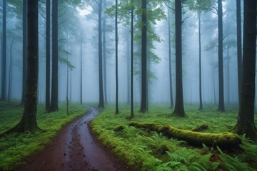 Obraz premium arafed path in a forest with a fallen tree and moss