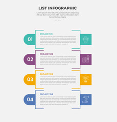 list vertical stacked process infographic outline style with 4 point template with open rectangle cut with round badge on left for slide presentation