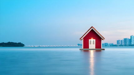 Red lake house, cityscape background, calm water, peaceful sunset, real estate