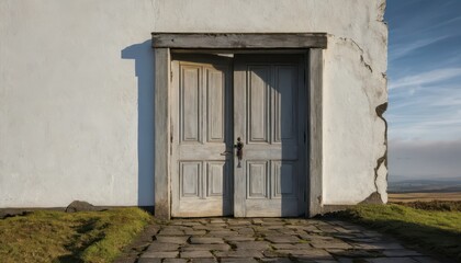 Fototapeta premium Rustic Whitewashed Double Doors on Old Building Exterior Stone Pathway