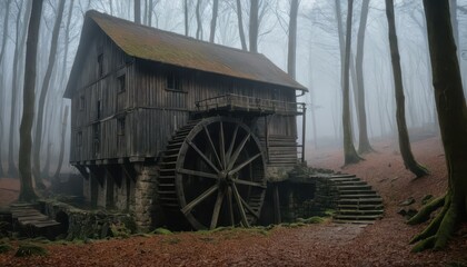 Obraz premium Ancient Wooden Watermill in Misty Forest Autumn Landscape Scenery