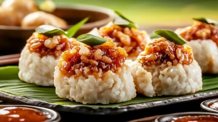 Delicious singapore ang ku kueh with sweet topping singapore food photography vibrant setting close-up view culinary art