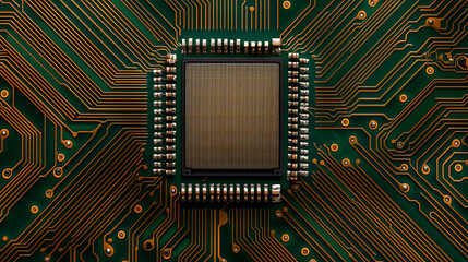 Fototapeta premium Microprocessor chip on green circuit board close-up image technology environment high-detail view electronics concept