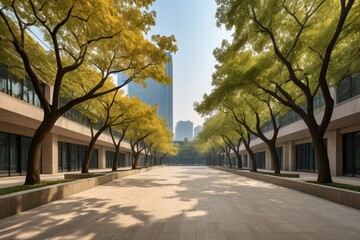 Obraz premium trees line the walkway of a large building with a tall building in the background