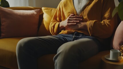Abdominal pain from indigestion, a person sitting on a couch holding their stomach. Featuring discomfort and relief