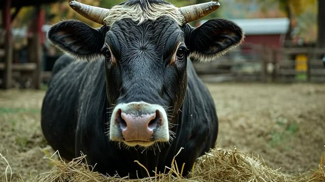 Cow resting in a barnyard surrounded by straw during autumn afternoon