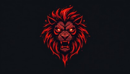Fierce Red Lion Head Illustration with Intense Eyes, Angry Expression, and Majestic Mane on Black Background