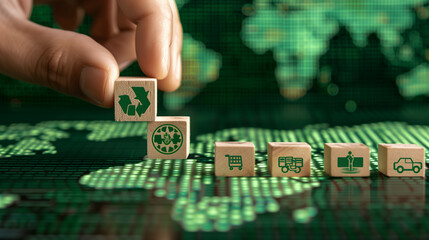 Obraz premium Hand placing eco-friendly wooden blocks with recycling and logistics icons on world map