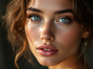 Fototapeta premium A young woman with flawless skin, her complexion glowing with a natural radiance, and delicate facial features that accentuate her unique charm.