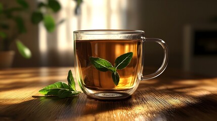 Glass cup of herbal tea with stevia leaf