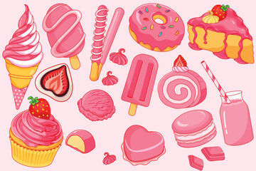 Strawberry desserts recipes illustration vector. (Pink sweet desserts and drink)