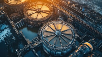 Fototapeta premium Aerial view of industrial storage tanks at sunset, showcasing infrastructure and surroundings