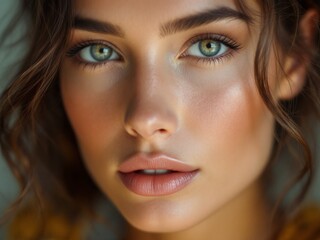 Fototapeta premium A young woman with flawless skin, her complexion glowing with a natural radiance, and delicate facial features that accentuate her unique charm.