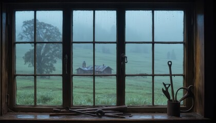 Naklejka premium Misty morning view from rustic window showcasing tools and tranquil landscape