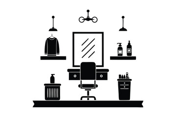A black-and-white vector drawing of a classic barber shop setup silhouette design.eps