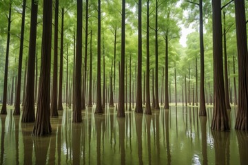 Fototapeta premium trees in a flooded area with water and green leaves