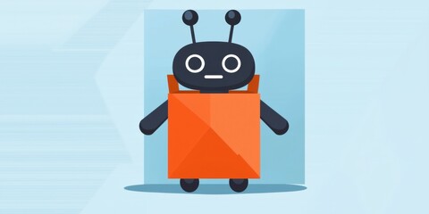 Naklejka premium A cute robot character in an orange box with antennae, set against a light blue background.