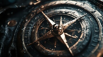 Fototapeta premium A compass with a dark background is shown up close. 