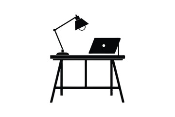 A black-and-white vector drawing of a creative desk setup sihouette design.eps