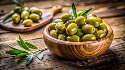 Close-up shot of green olives in a wooden bowl