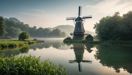 Serene Sunrise at a Historic Dutch Windmill Reflected in Calm Water Picturesque Landscape
