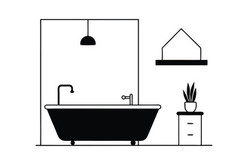 A black-and-white vector drawing of a modern bathroom setup silhouette design.eps