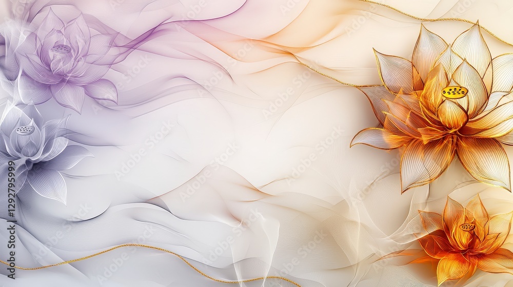 Poster delicate than bua lotus pattern with golden accents nature digital art serene environment close-up v