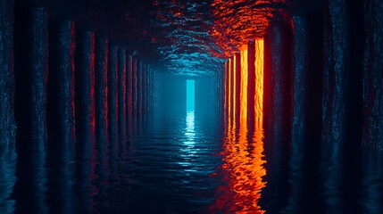 Abstract Pixel Art Tunnel with Glowing Blue and Orange Neon Columns Reflecting in Water
