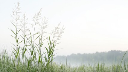 Serene morning landscape with dewy grass and misty horizon capturing natural tranquility and calmness.
