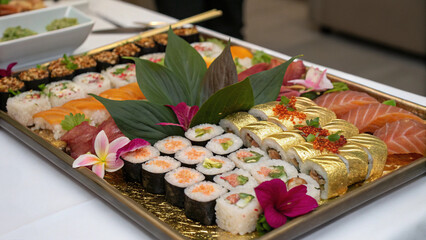 Fototapeta premium Premium sushi roll platters cpncept, Luxurious sushi platter with assorted rolls, fresh fish, and garnishes