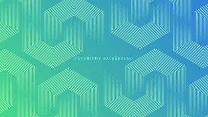 Green and blue gradient background with hexagon geometric lines pattern. Abstract shiny hexagon lines. Futuristic technology concept