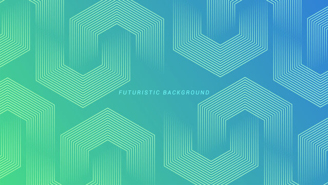 Green and blue gradient background with hexagon geometric lines pattern. Abstract shiny hexagon lines. Futuristic technology concept