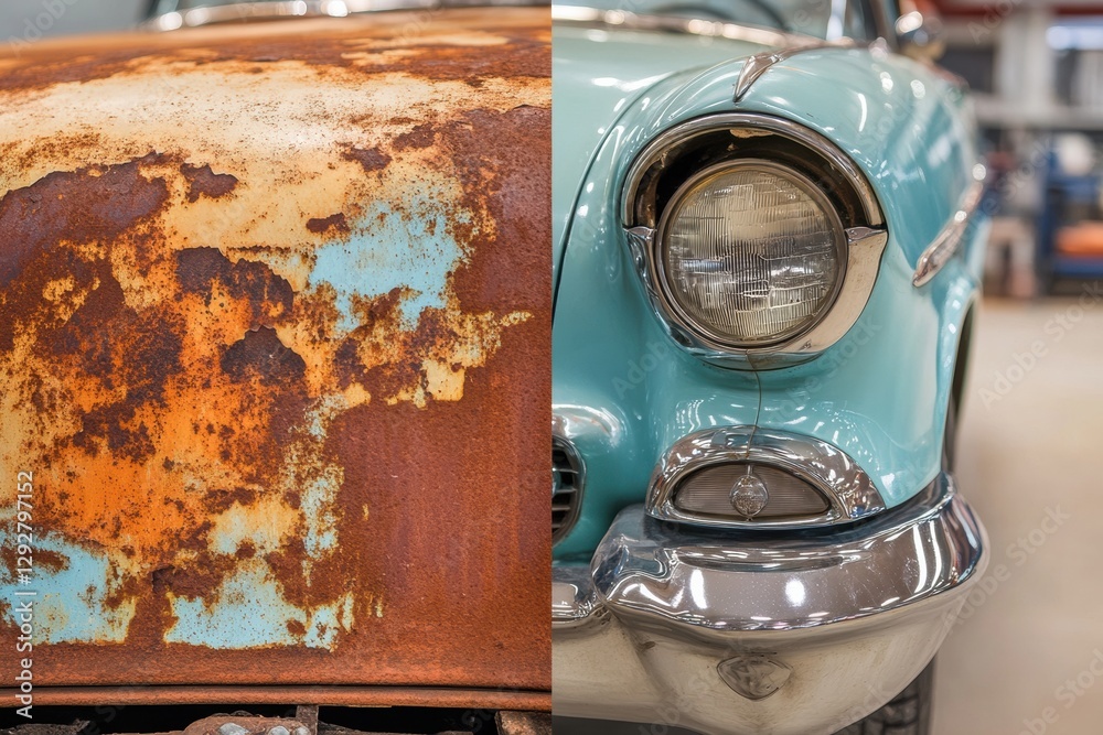 Poster Car restoration journey showcasing the transformation from rust to shine in a classic automobile. Generative AI